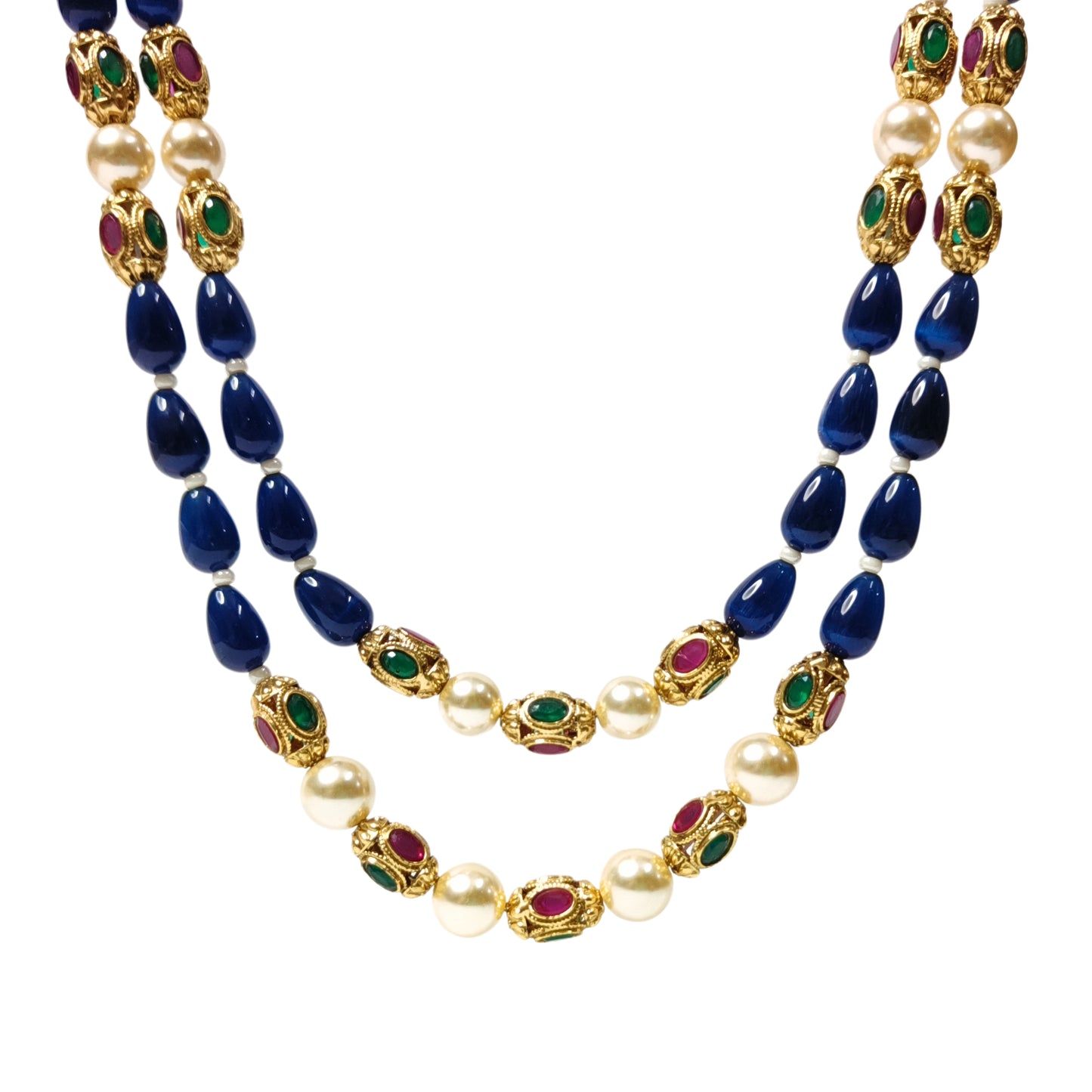 Premium Blue Monalisa Beads Long Necklace with Antique CZ Stone Balls - 24 Inch